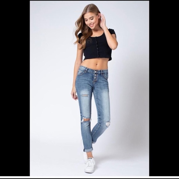 New! Kancan Girlfriend distressed Button Up Denim Jean - Picture 7 of 8